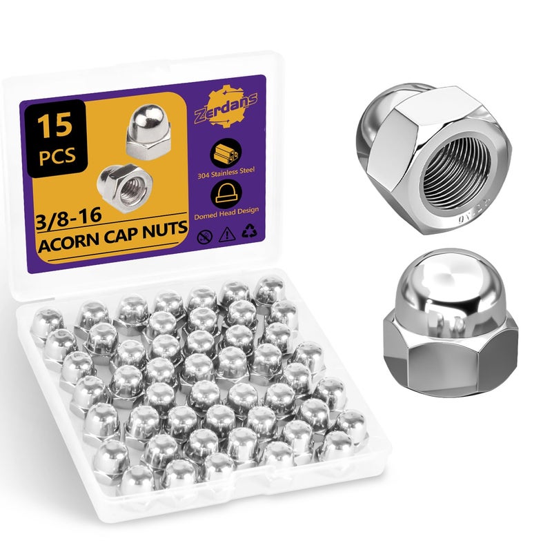 ZerDans 3/8-16" Acorn Cap Nuts, 15Pcs Metric Hex Acorn Nuts Stainless Steel 18-8 (304) Caps for Indoor Outdoor Bolt Thread Dia Dome Head Hex Kit - Image 1